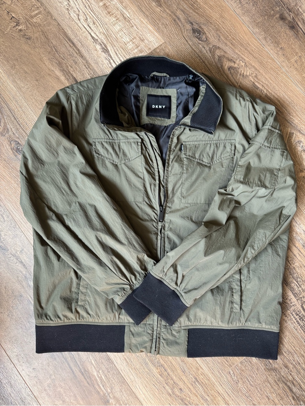 DKNY Olive Green Bomber Jacket with Black Trim